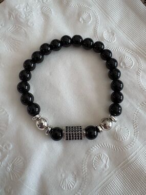 Black Onyx Beaded Stretch Bracelet with Silver Accents